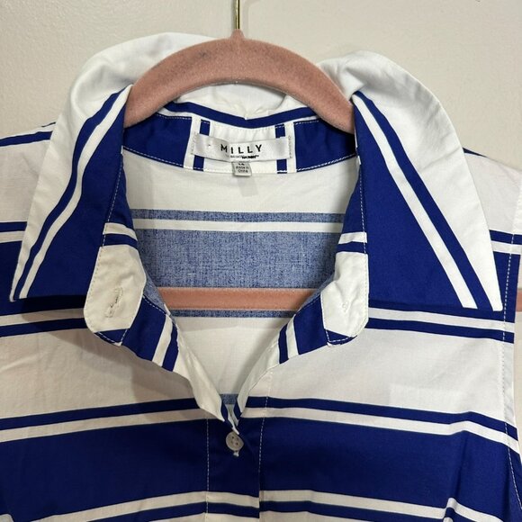 Milly Dress White Navy Stripes Size 14 Sleeveless Belt Button Front Pockets - Picture 4 of 10